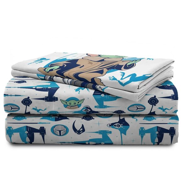 Star Wars the Mandalorian Kids 4-Piece White Full Sheet Set - Picture 2 of 6